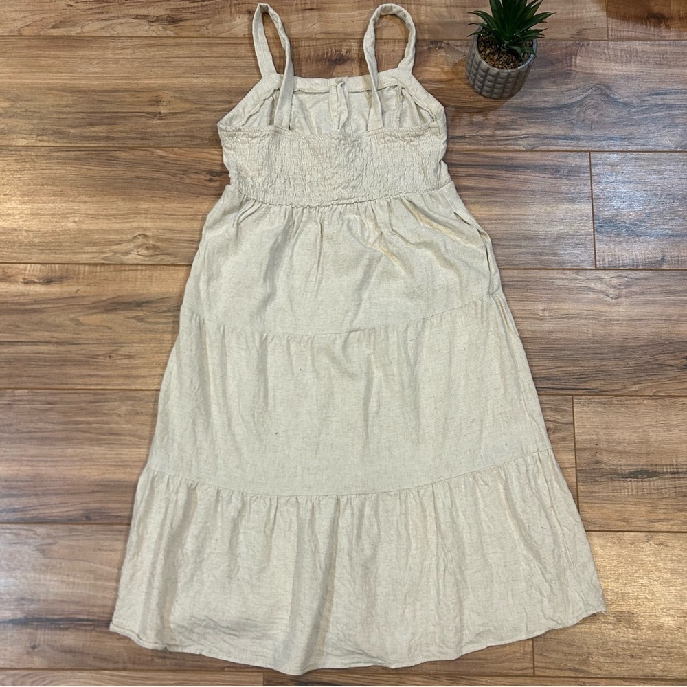 Lucky Brand Tan Midi Dress Tie Front and Pockets Size Medium Petite - Picture 2 of 9